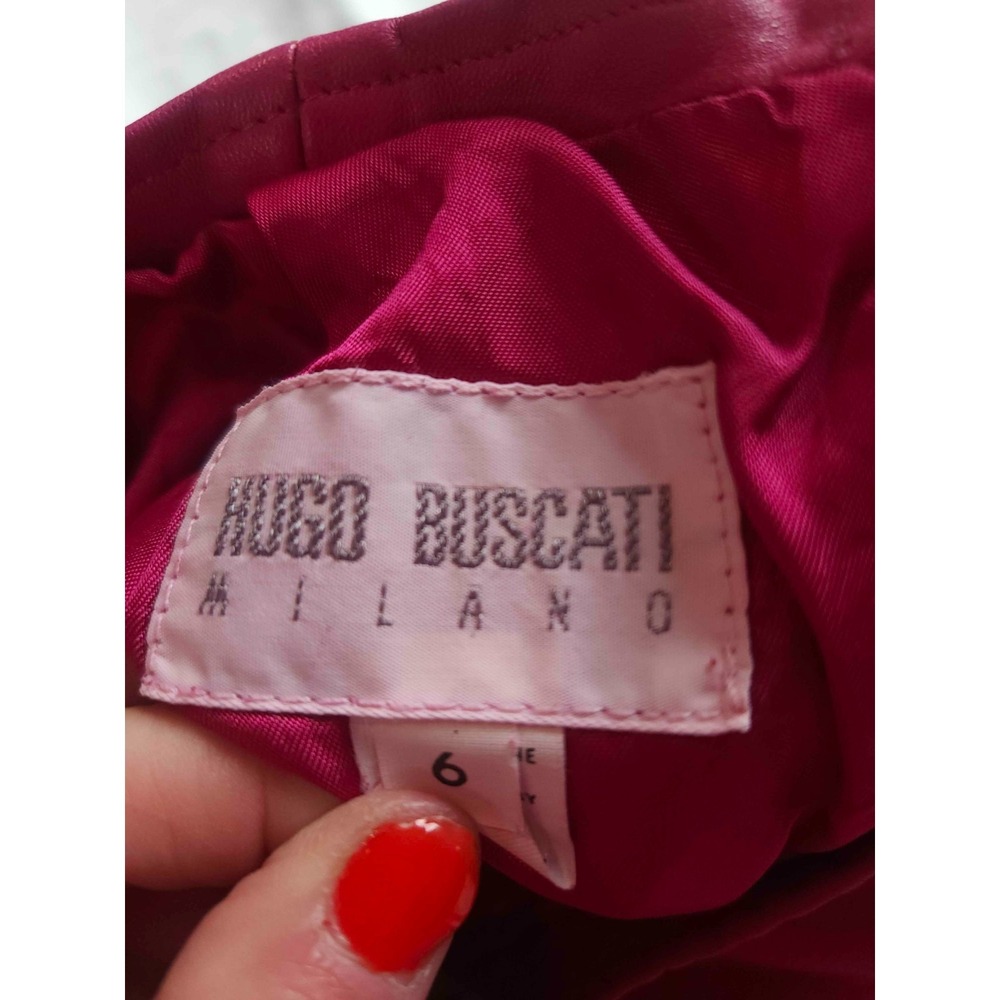 Vintage Hugo Buscati Pink Genuine Leather Skirt Womens Size 6 A-Line Knee Length - Picture 4 of 6